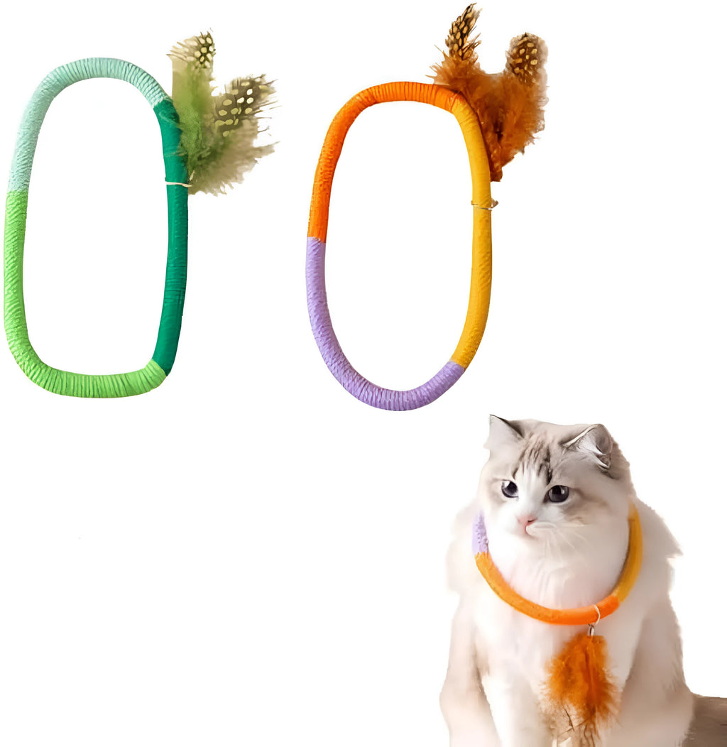 Green cotton rope cat toy with feathers and catnip for safe chewing and interactive play