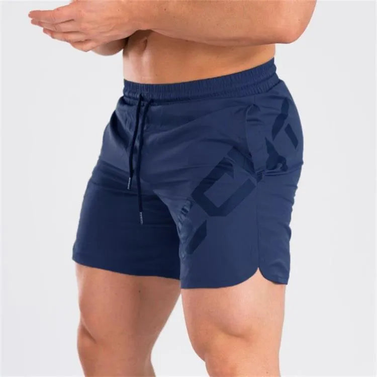 Men's black knee-length running shorts with elastic waist, shown flat for detail.