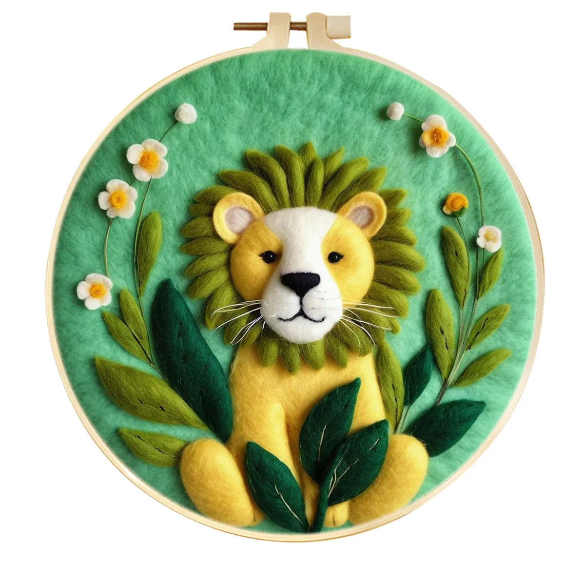 Round linen embroidery kit with wool felt pieces for 3D flowers and leaves, includes a free frame.