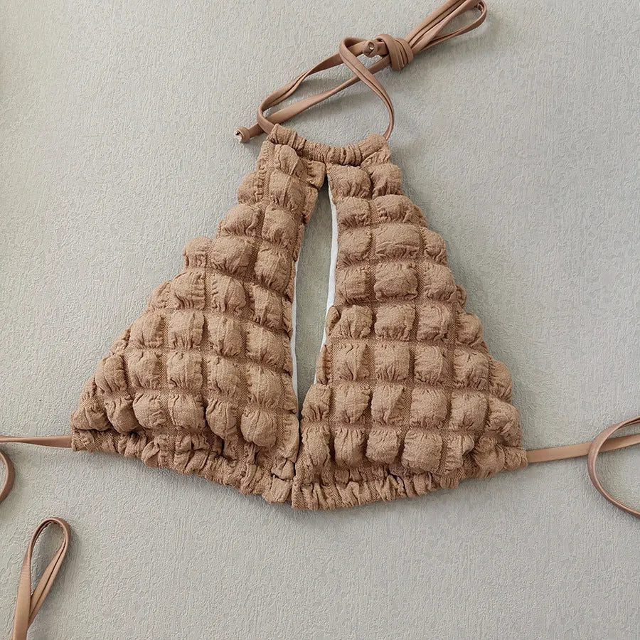 Brown seersucker three-piece bikini with lace-up top, pants, and skirt for women