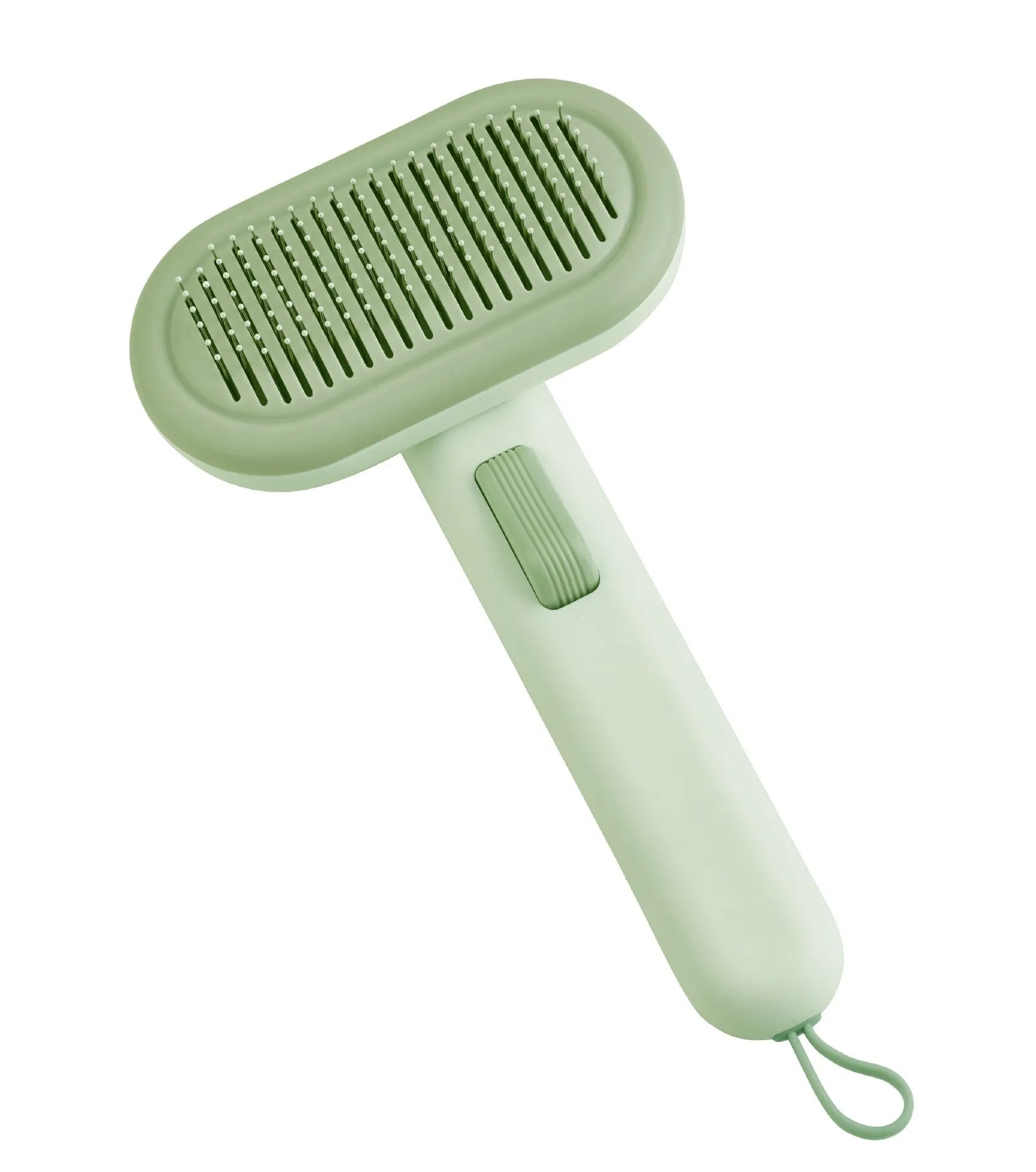 Large light grey pet hair removal comb for cats and dogs with stainless steel teeth and integrated de-matting shaver.