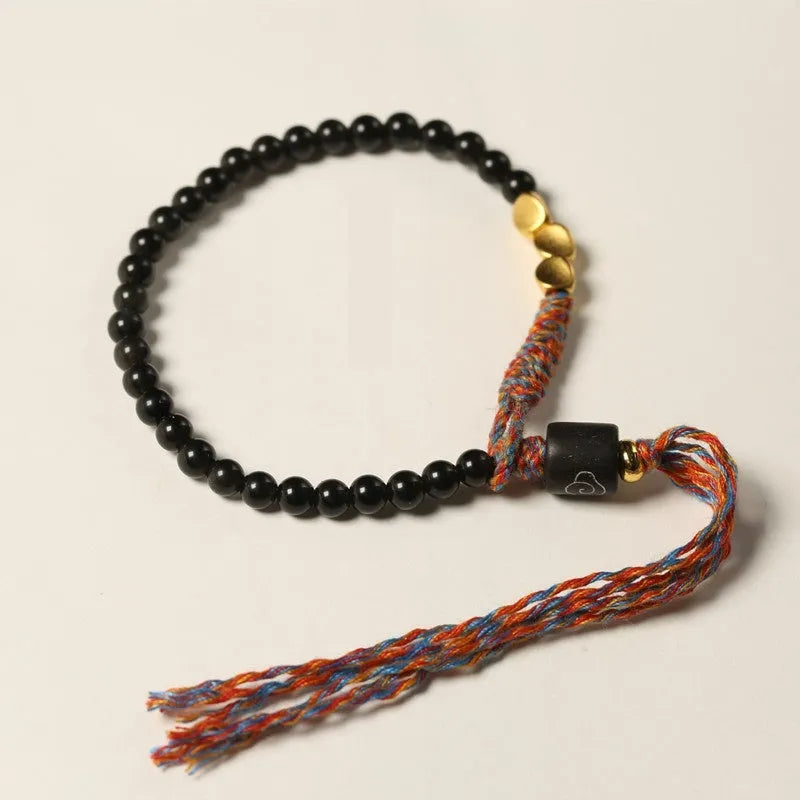 Hand-woven obsidian carrying strap bracelet with adjustable length for men and women