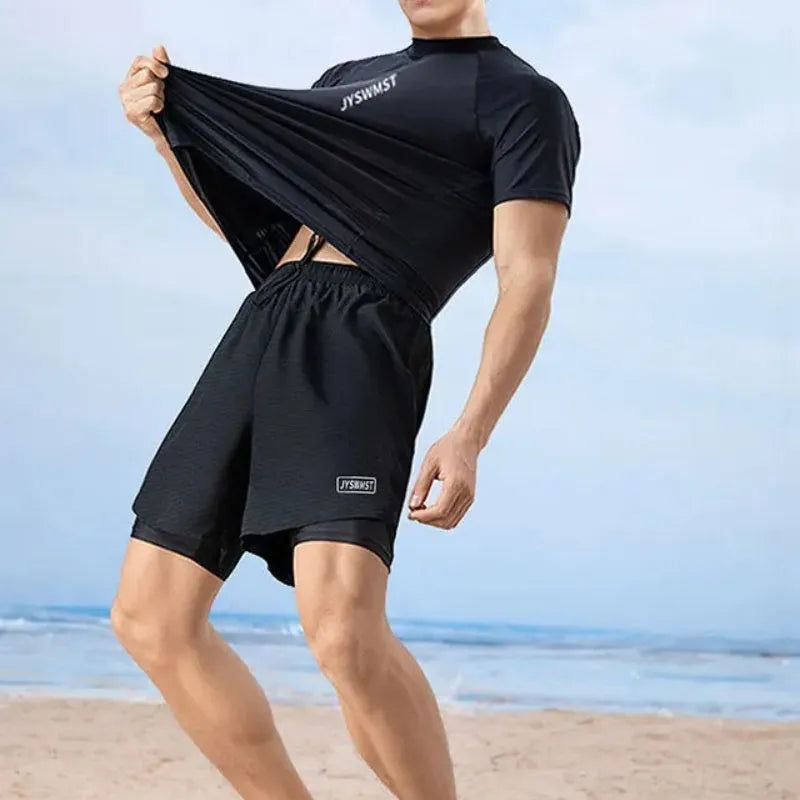 Men's patterned swimsuit set with matching top and swimming trunks in plus sizes