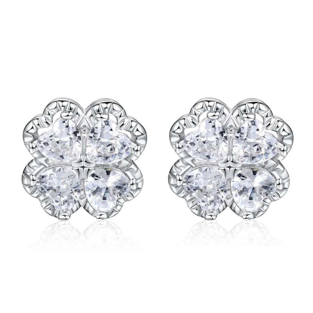 Silver zircon earrings with four-leaf clover and heart-shaped design in white gold colour