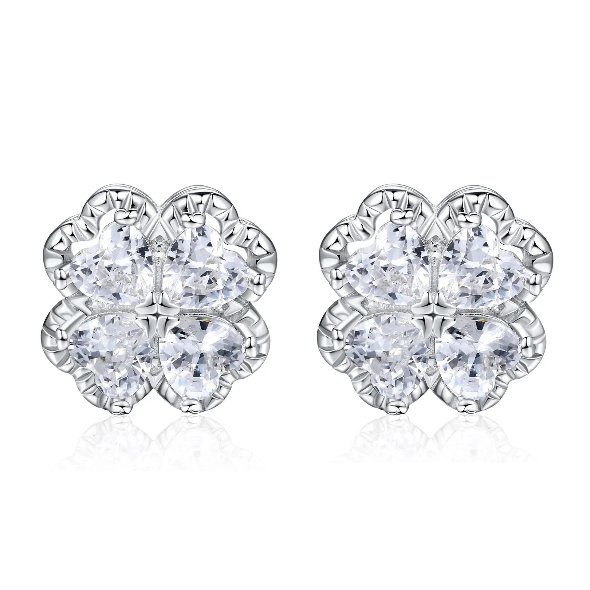 Silver zircon earrings with four-leaf clover and heart-shaped design in white gold colour