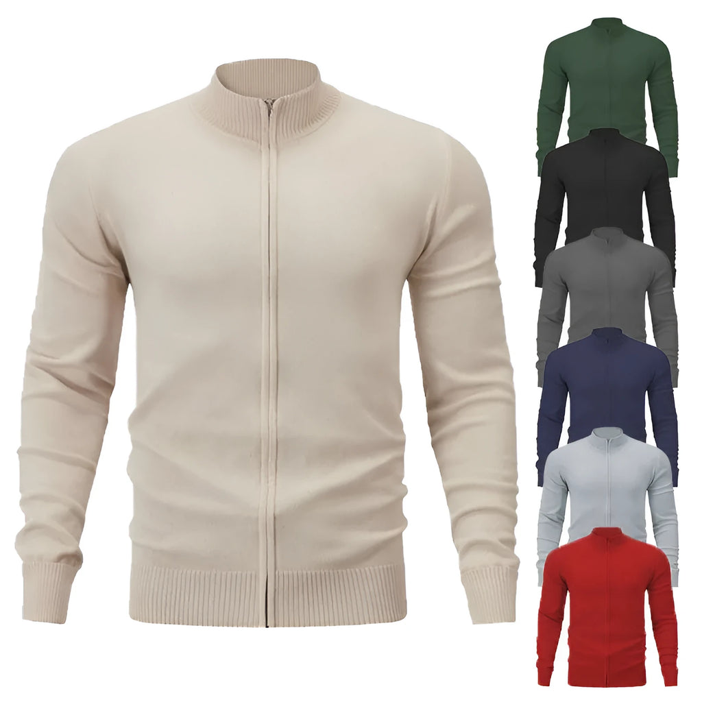 Men's cotton zip-up cardigan with stand collar in loose fit available in seven solid colours