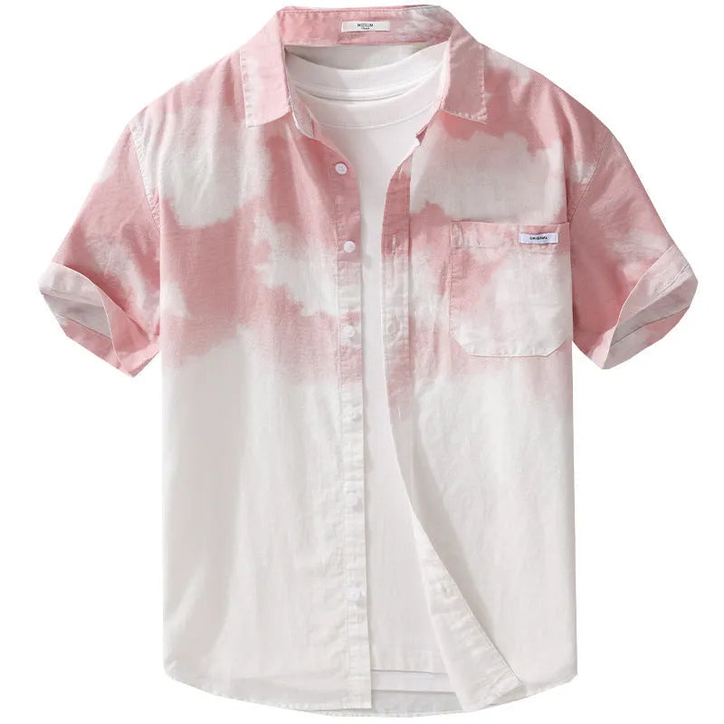Men's light pink pure cotton short-sleeved shirt with loose cardigan style