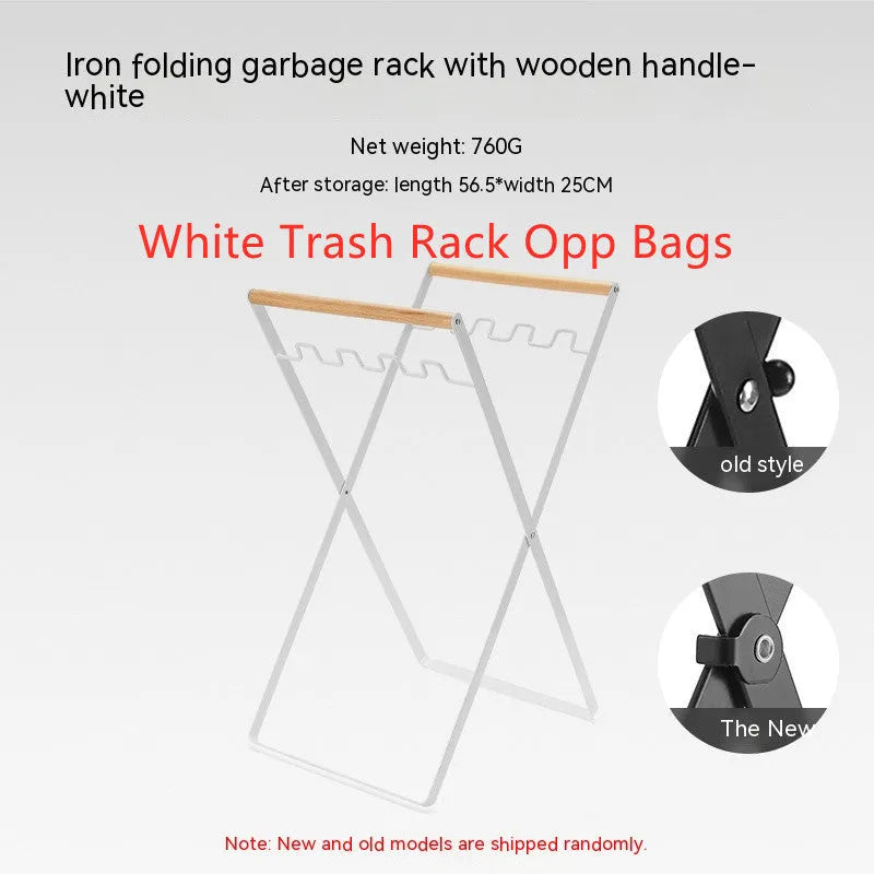 Black folding wrought iron rubbish storage hanger with wooden handle for outdoor use