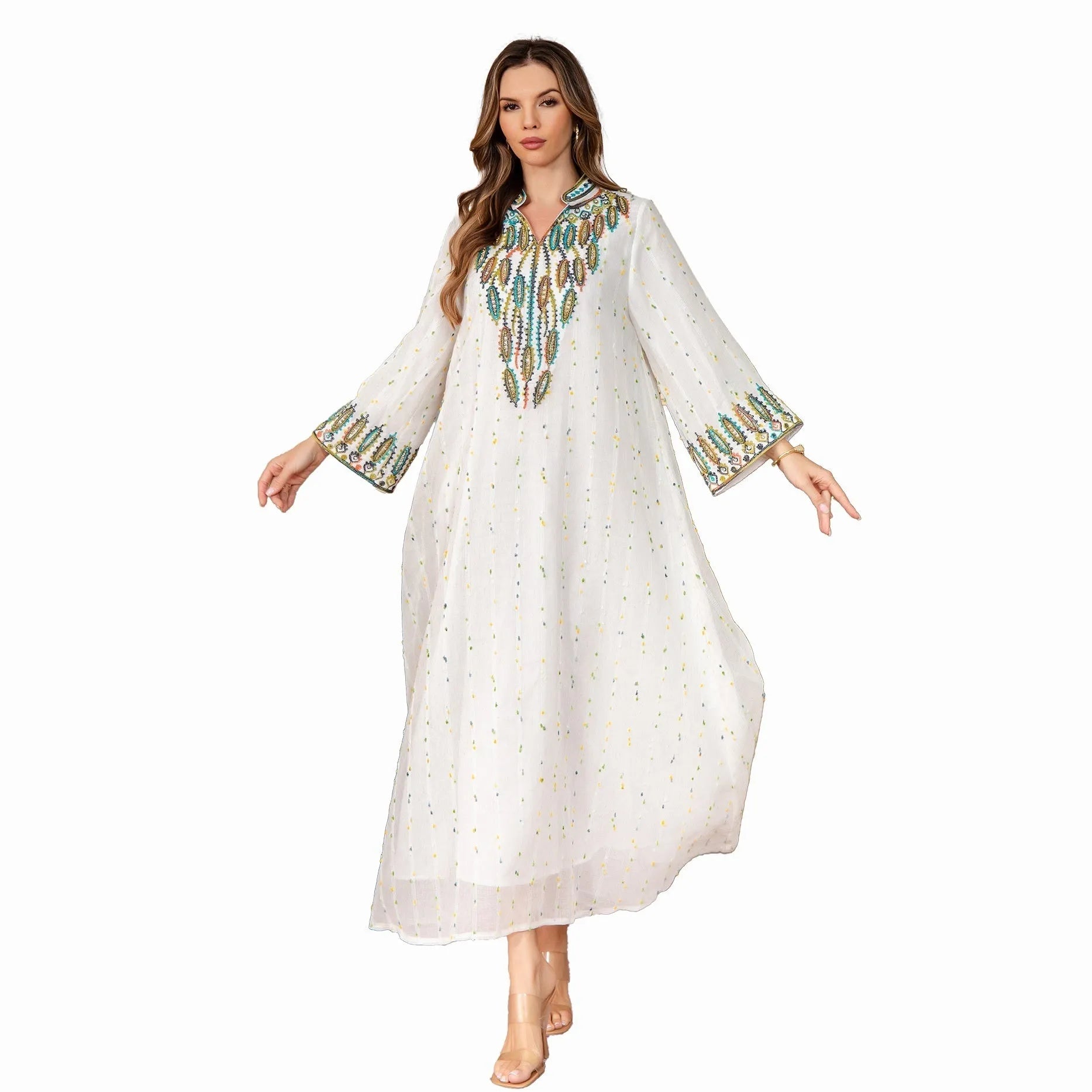 White polyester Arabic robe abaya dress with long sleeves and full-length skirt