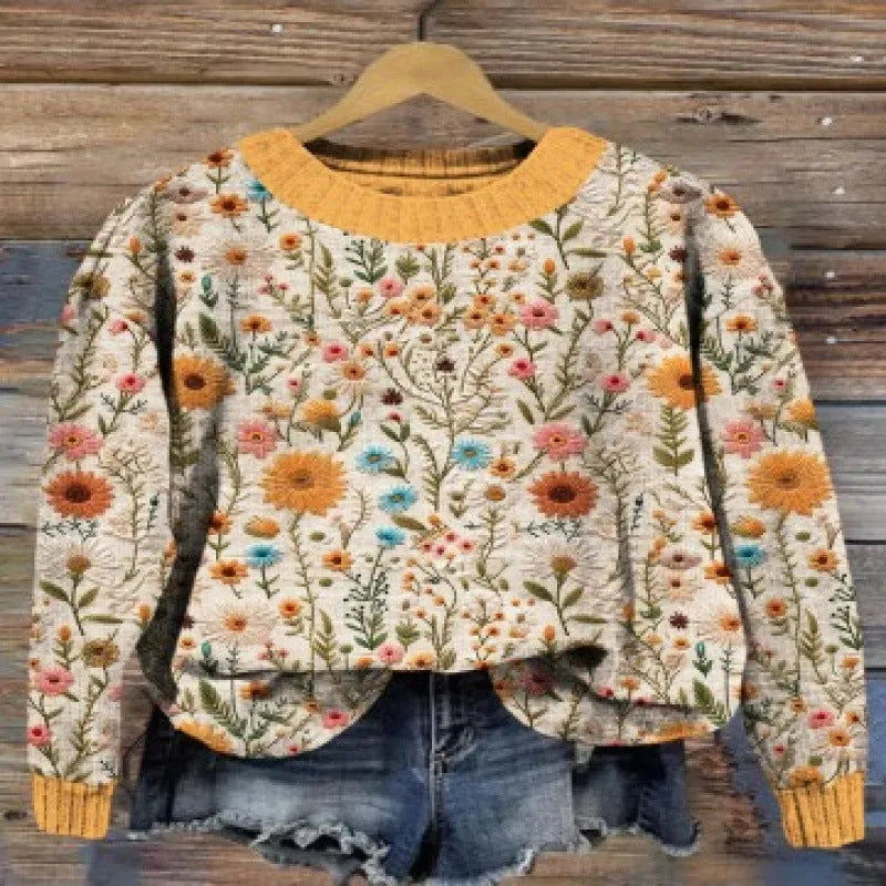 Digital printed round neck sweater showing Little Flower pattern in various colour options