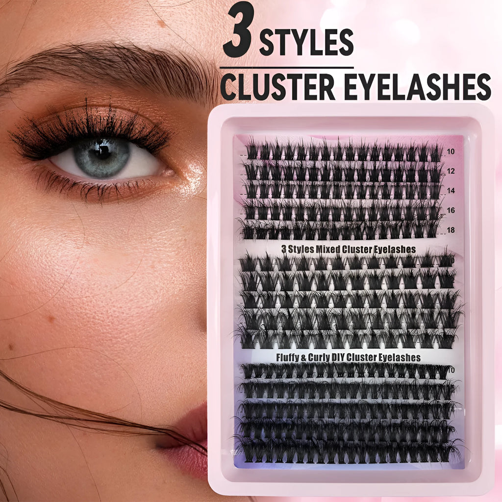 Mixed false eyelash set showing five different styles in a large capacity storage box measuring 13.7cm by 13.5cm
