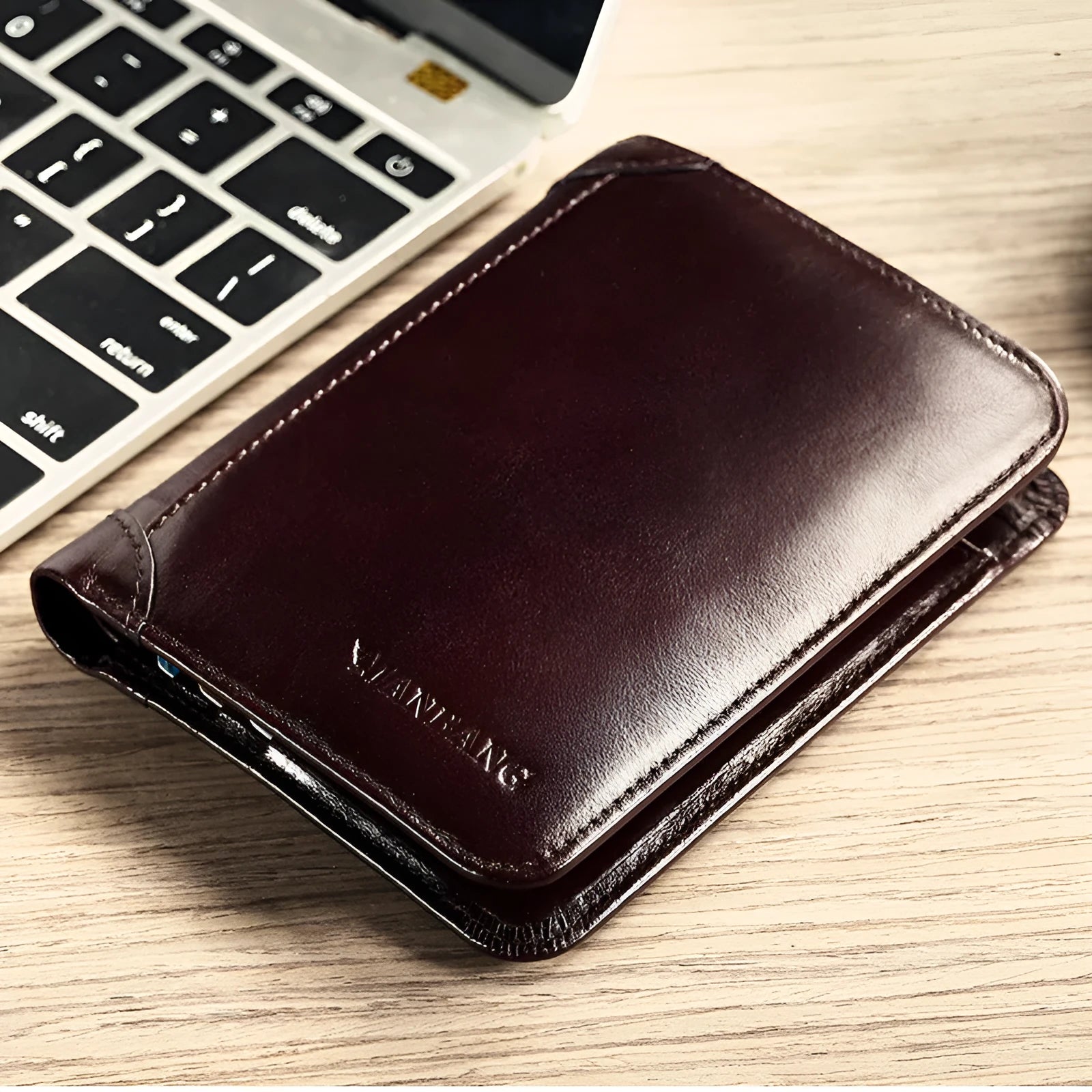 Men's black leather wallet open to show internal card slots, coin pocket, photo holder, and document section.