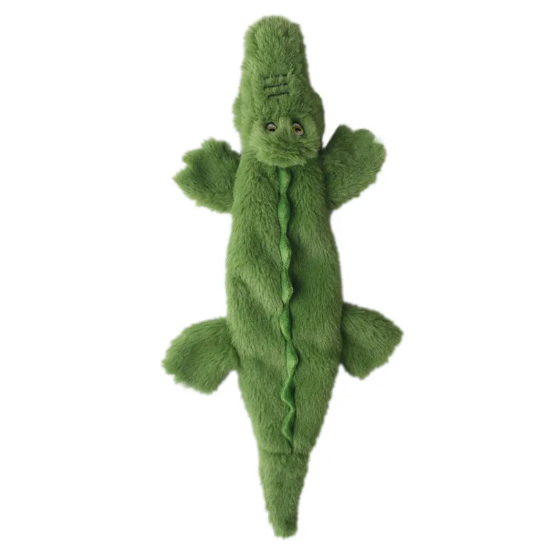 Green crocodile plush dog toy with no-stuffing design for aggressive chewers