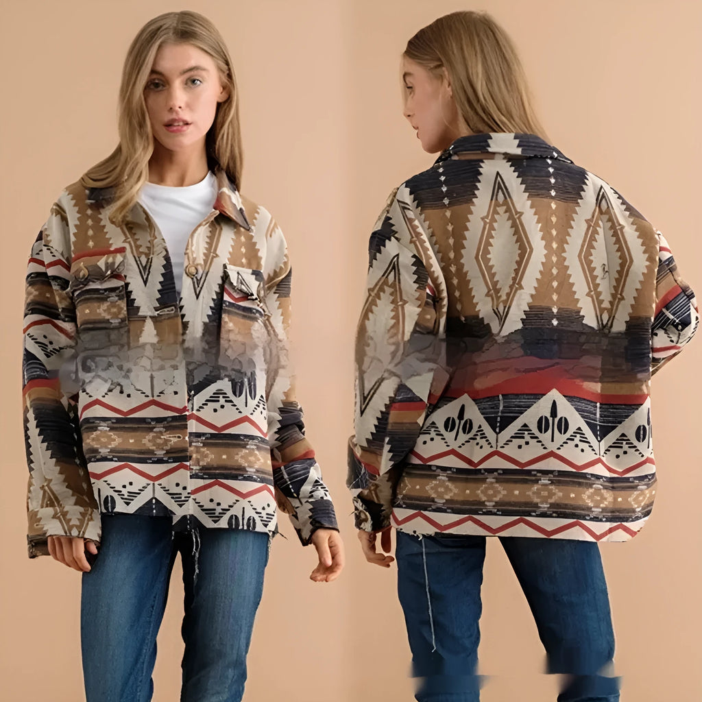 Women's retro style Aztec printed jacket in woolen cotton blend fabric, loose fit with long sleeves