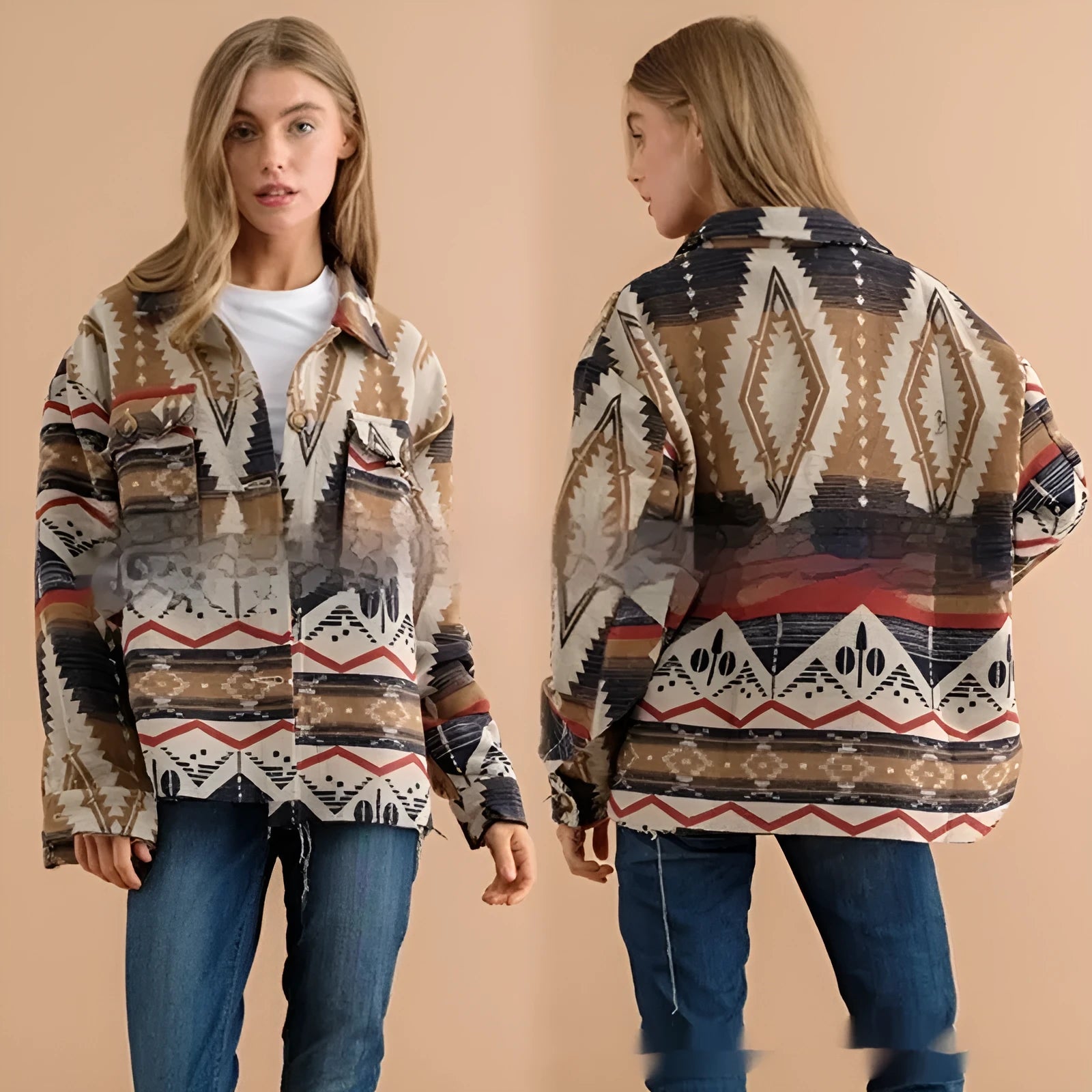 Women's retro style Aztec printed jacket in woolen cotton blend fabric, loose fit with long sleeves