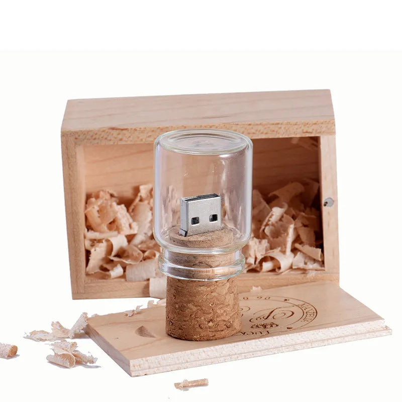 Personalised wooden drift bottle shaped USB flash drive with chocolate brown finish
