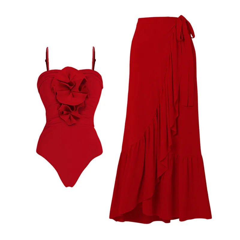 Red women's V-neck one-piece swimsuit with detachable skirt and open back design