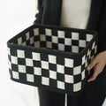 Checkerboard woven felt storage basket with folded sides showing rectangular 37x29x19.5cm dimensions