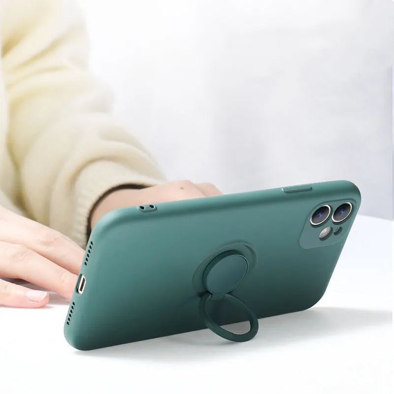 iPhone 12 silicone gel back cover case with a ring holder, shown in multiple colour options.