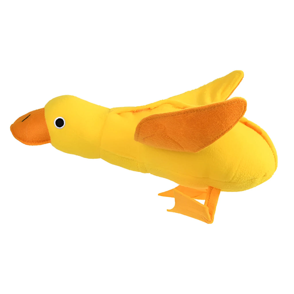 Yellow plush teddy bear dog toy with a small duck doll attached, showing food dispensing holes.