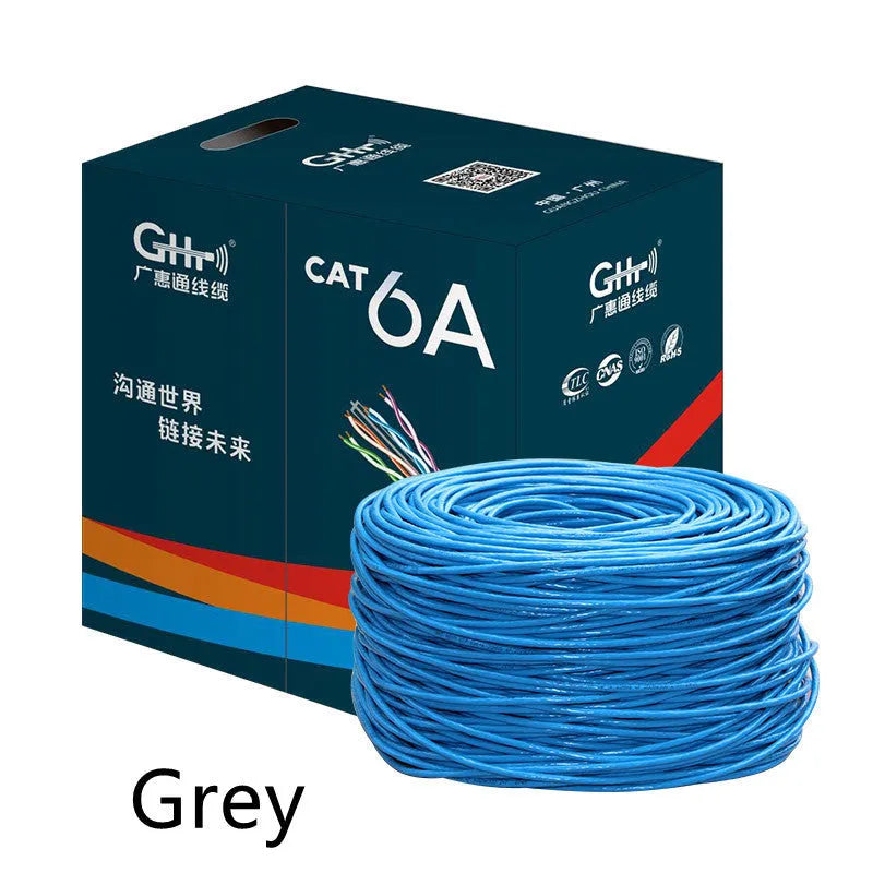 Blue Category 6 gigabit Ethernet network cable on a 305 metre reel with oxygen-free copper core