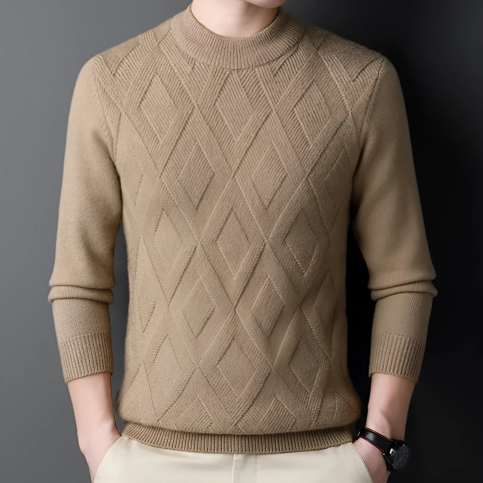 Men's winter thermal wool diamond jacquard pullover sweater shown in light camel colour