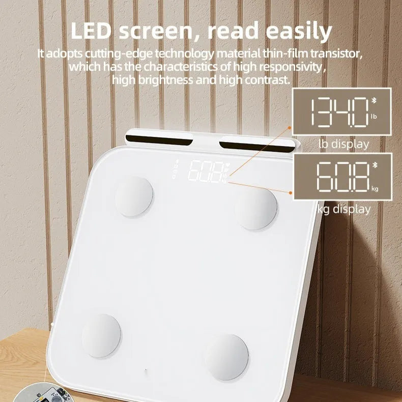 White professional body fat scale with tempered glass platform and 8 electrodes for body composition measurement