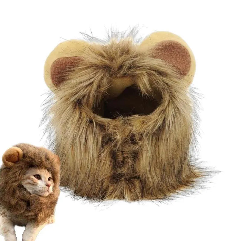 Lion mane wig costume with plush ears on a cat, showing adjustable elastic band and fluffy artificial hair.