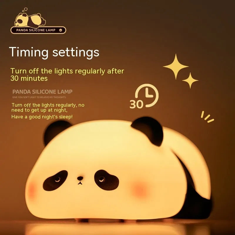 Cartoon panda head rechargeable night light with warm white glow on bedside table