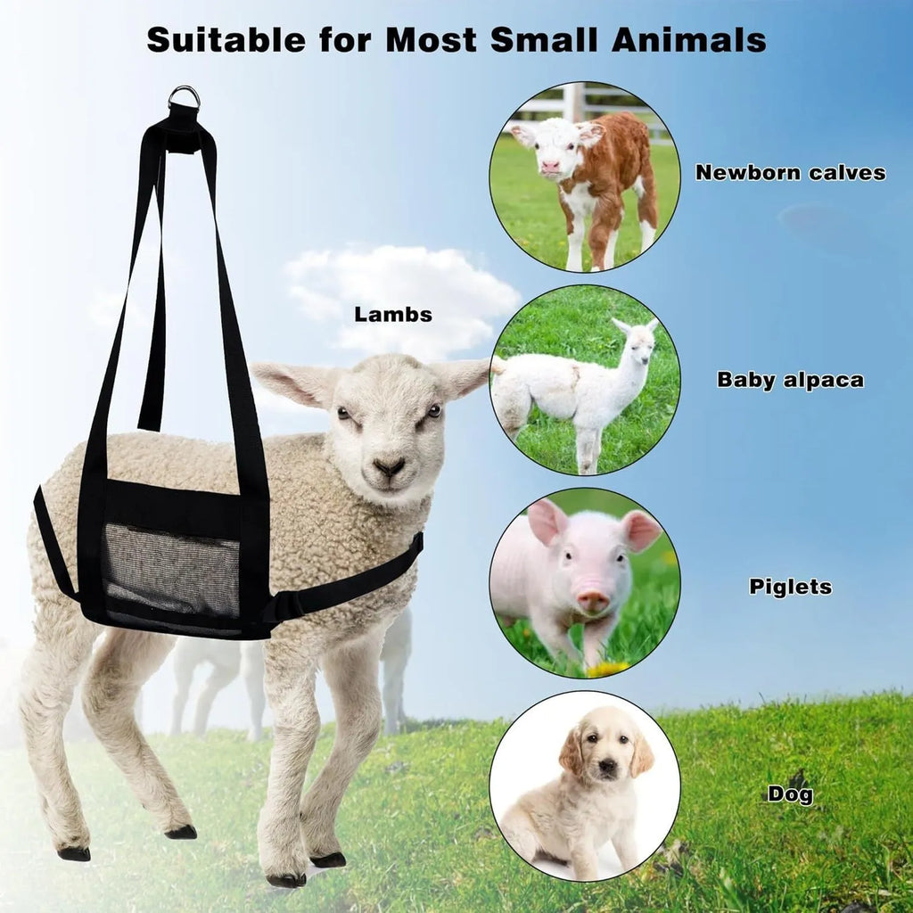 Black polyester weighing sling for calves and large dogs, showing four carry handles.