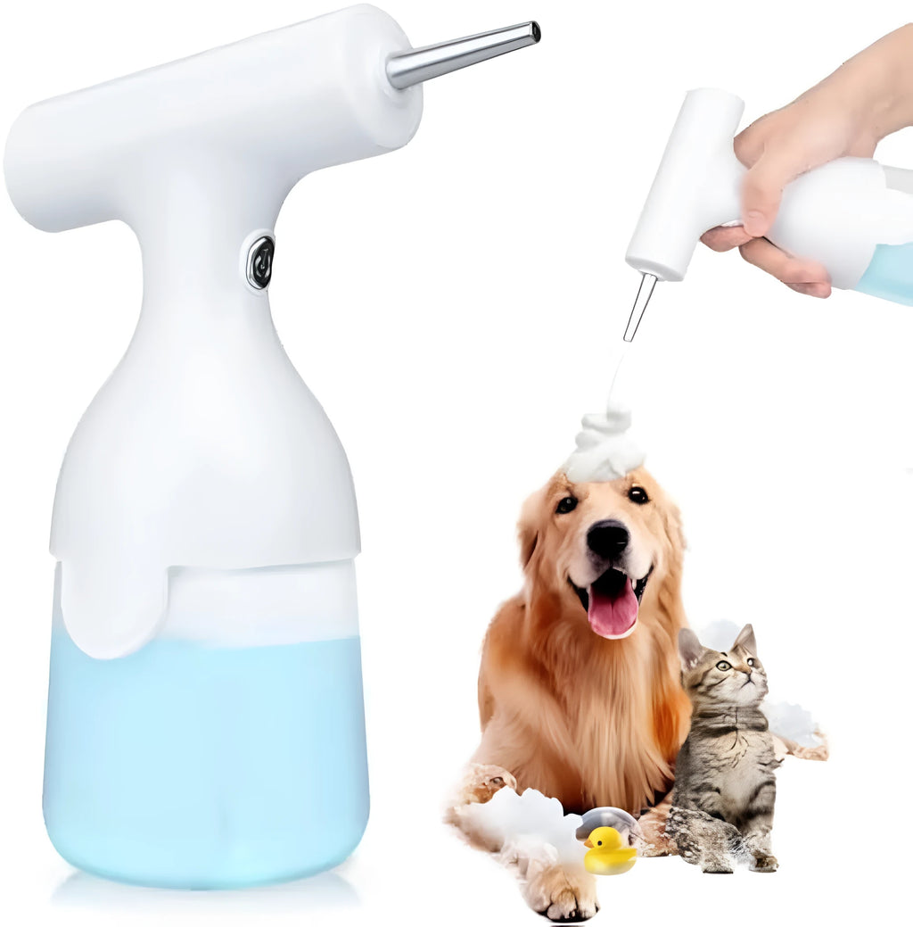 White electric foam soap dispenser with two nozzles and USB charging cable for pet bath and home cleaning