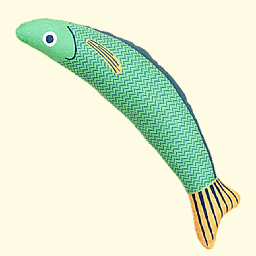Soft plush fish-shaped cat toy with organic catnip filling in green, orange and yellow colour options