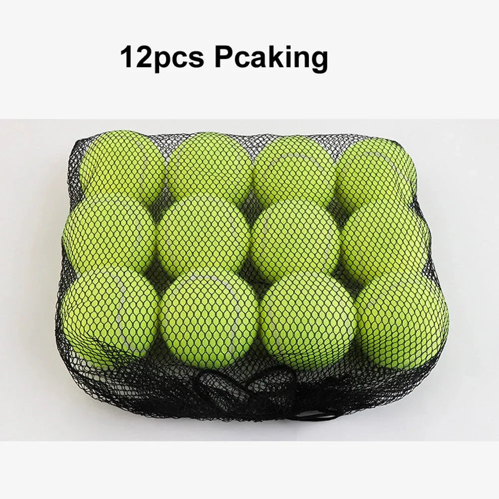 6.3 cm diameter solid rubber dog tennis ball in assorted bright colours on a green lawn.