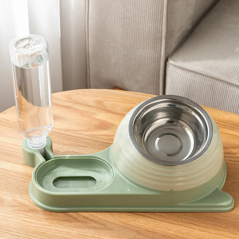 Elevated cat food bowl with automatic water dispenser in brown colour