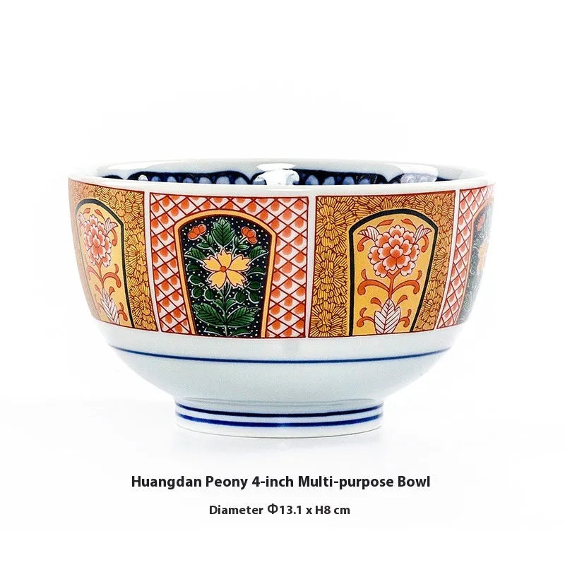 Japanese style ceramic bowl with retro peony pattern and underglaze surface finish