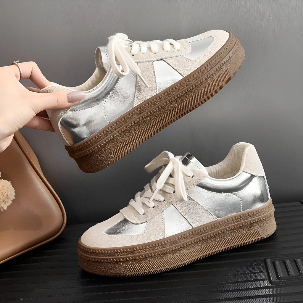 Retro round toe board shoes in matte finish with cross straps and front laces, shown in milky white and silver.