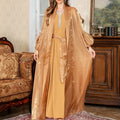 Arabic-style two-piece dress with rhinestone detailing and long sleeves in blue or brown colours