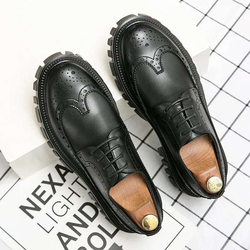 Men's black and brown artificial PU leather brogue business shoes with round toe.