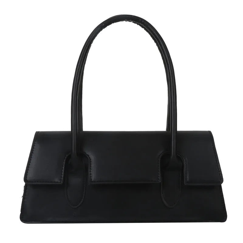 Women's black PU leather small square shoulder bag with stitching details and document compartment