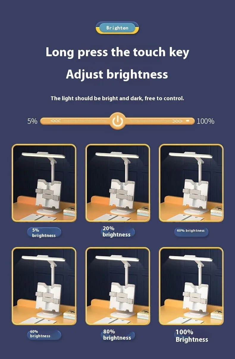 A white adjustable table lamp on a bookshelf with a flexible arm, showing a reading light in use.