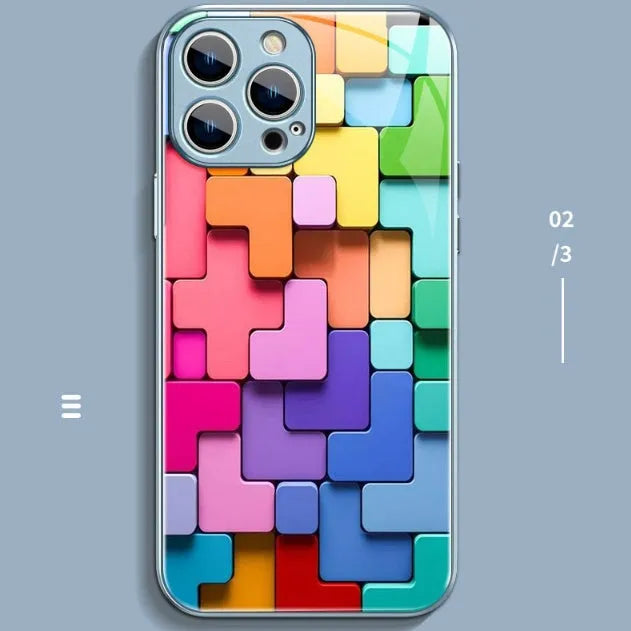 Colourful geometric building block design silicone case for iPhone on a white background.
