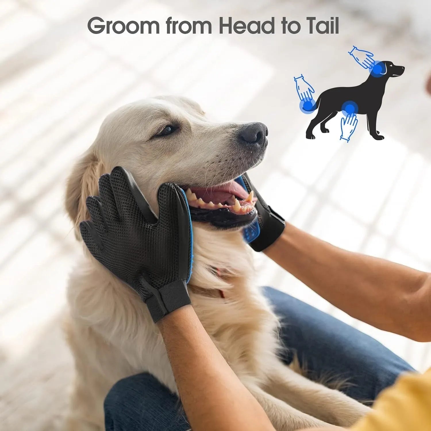 Blue pet grooming gloves with silicone tips for gentle hair removal from dogs and cats