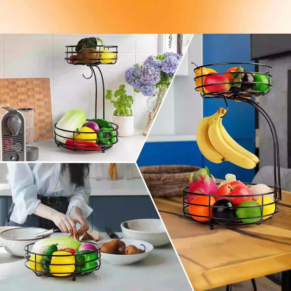 Black and gold double-layer wrought iron fruit basket for kitchen storage