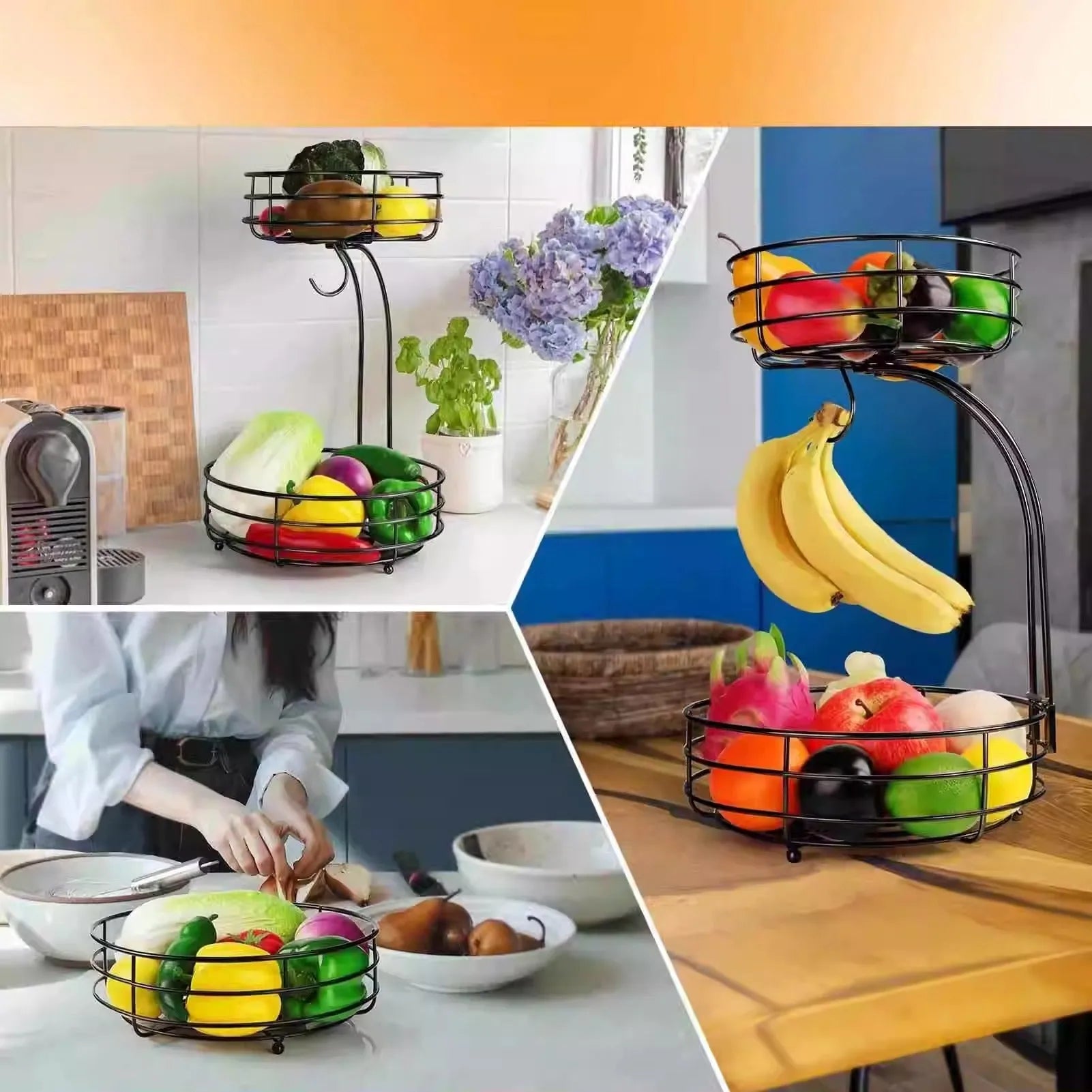 Black and gold double-layer wrought iron fruit basket for kitchen storage