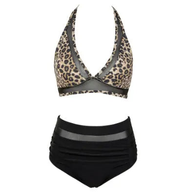 Women's two-piece bikini swimsuit in leopard print, rose red, or black, showing top and briefs.