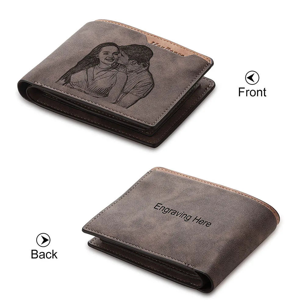 Coffee brown personalised photo engraved horizontal short wallet showing custom design