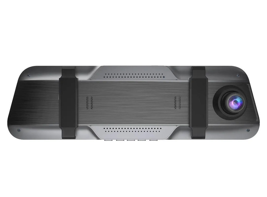 Black driving recorder with large touch screen integrated into a rearview mirror design