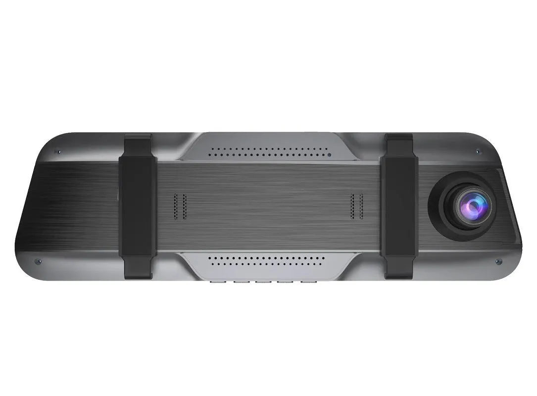 Black driving recorder with large touch screen integrated into a rearview mirror design