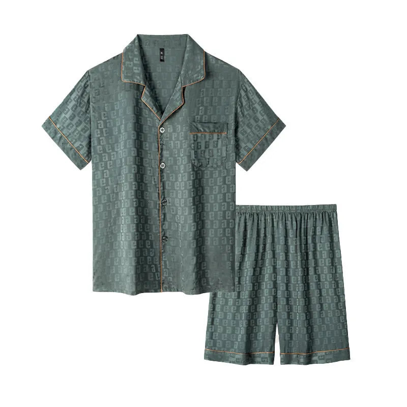 Men's ice silk pajama set with cardigan top and shorts in satin jacquard pattern