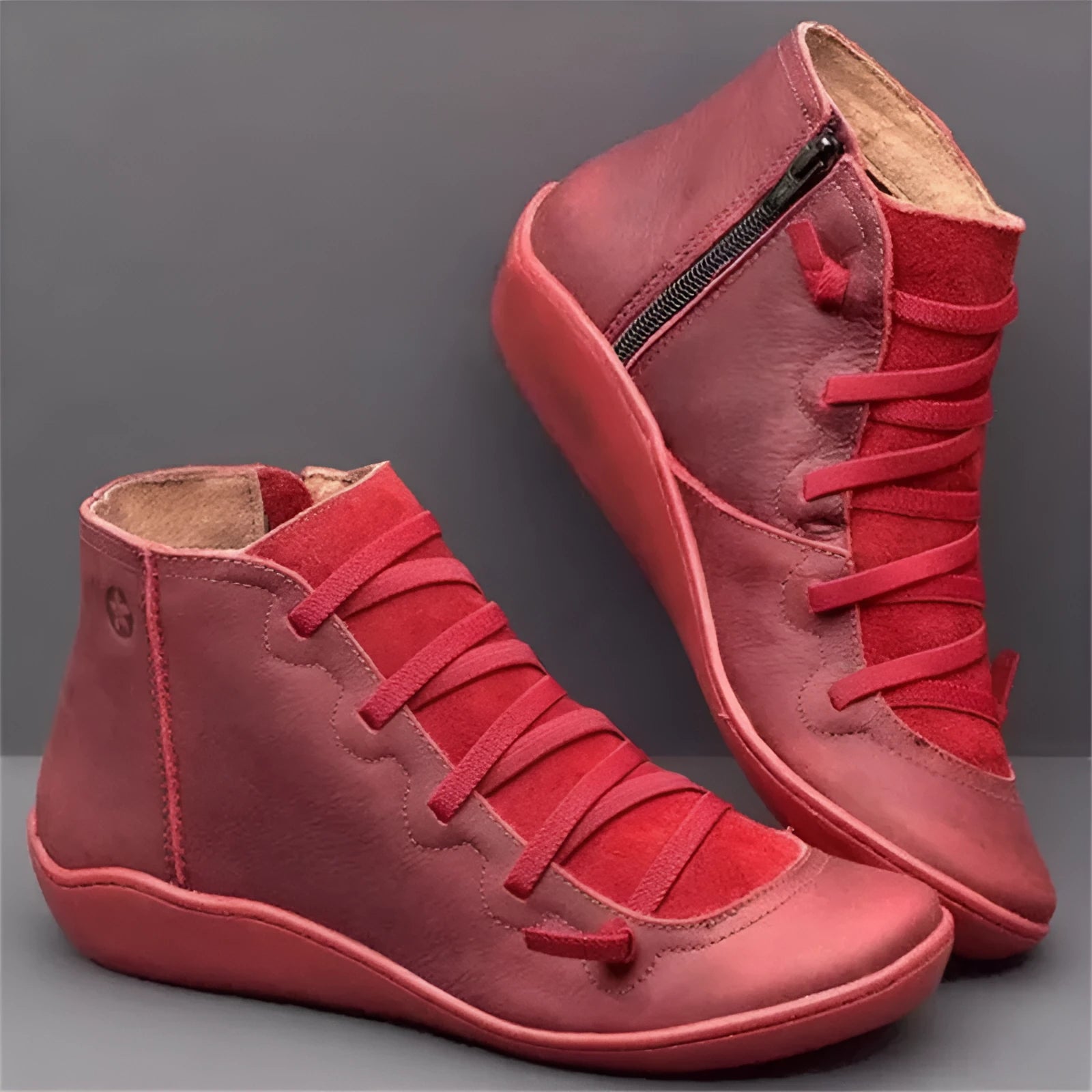 Women's casual round-toe ankle boots with a wedge heel in artificial PU, shown in multiple colour options.